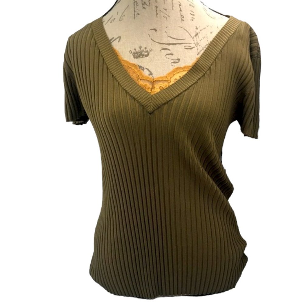 Willi Smith Green & Peach Ribbed Top Size L